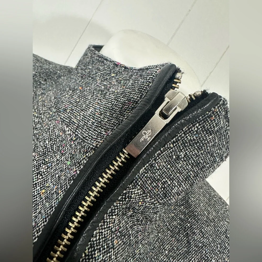 Cole Haan Sz 10 Gray Black Lambskin Leather Wool Blend Tweed Full Zip Jacket - Picture 3 of 14